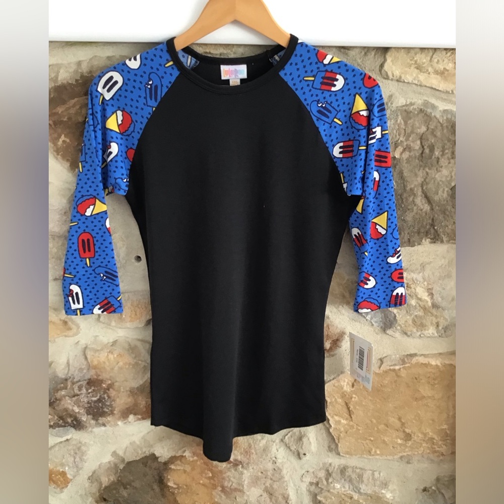 Lularoe Randy Black and Blue Raglan Tee #8